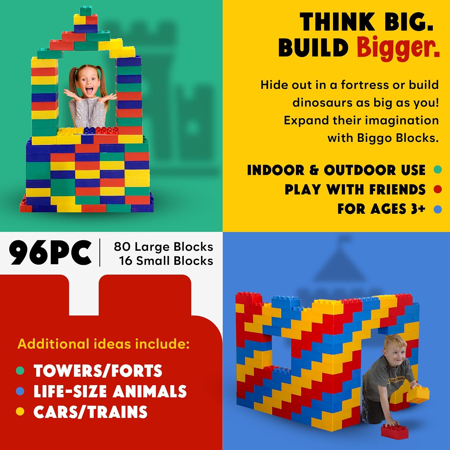 BiggoBlocks Big Blocks for Kids Ages 4-8, Indoor & Outdoor Blocks for Kids Jumbo Games, Large Building Blocks (96 PC) Standard Set