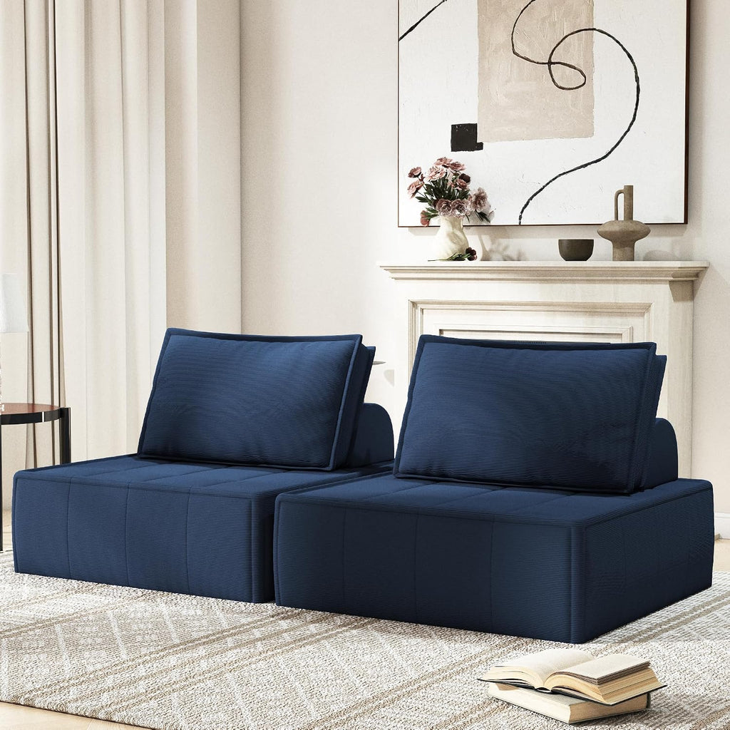 PurrJoys Modular Sectional Loveseat, 2-Piece Deep Seat Corduroy Lounge Sofa with Movable Cushions, Small Loveseat Couch for Living Room, Bedroom, Apartment, Blue