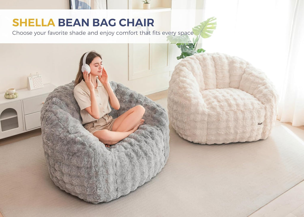 MAXYOYO Giant Bean Bag Chair for Adults, Stuffed Shell-Shaped Large Bean Bag Couch, Cozy Living Room Chair with Filler, Floor Sofa Lazy Sofa for Bedroom Living Room, Grey