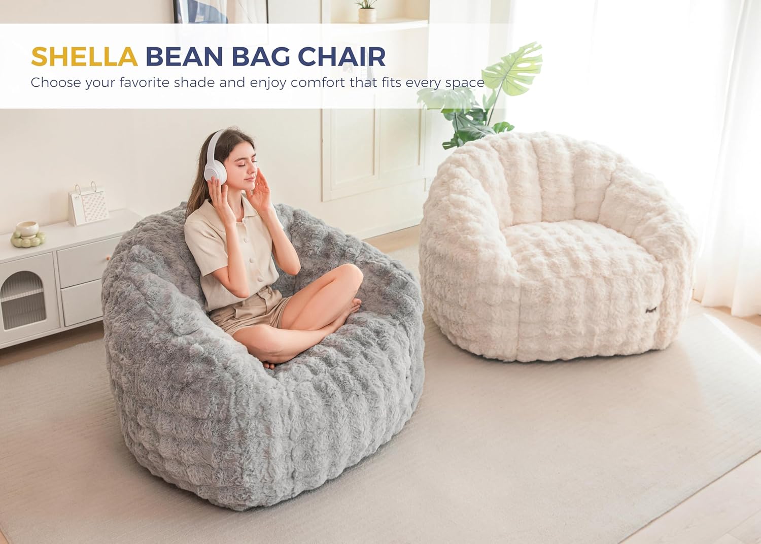 MAXYOYO Giant Bean Bag Chair for Adults, Stuffed Shell-Shaped Large Bean Bag Couch, Cozy Living Room Chair with Filler, Floor Sofa Lazy Sofa for Bedroom Living Room, Grey