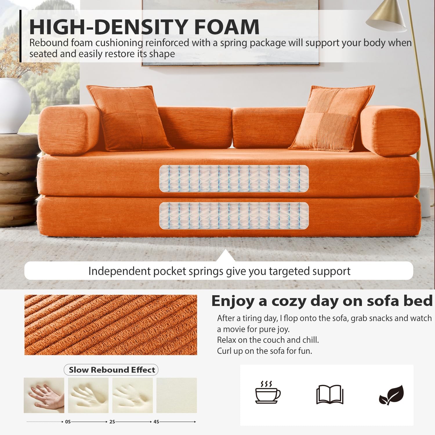 4-in-1 Folding Convertible Sofa Bed, 78 Inch Boneless Couch with Fixed-Shape Frame, Corduroy Loveseat Sleeper with Pull Out Bed, Floor Sofa Modular Futon Couch for Living Room Bedroom Lounge (Orange)