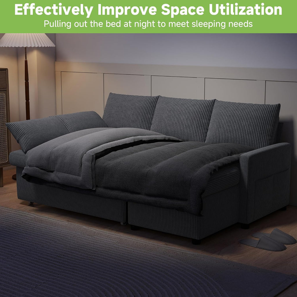 Real Relax 80'' Sofa Bed, L Shaped Corduroy Sleeper Sofa Couch with Pull Out Bed and Chaise Storage for Living Room, Apartment and Office, Dark Gray