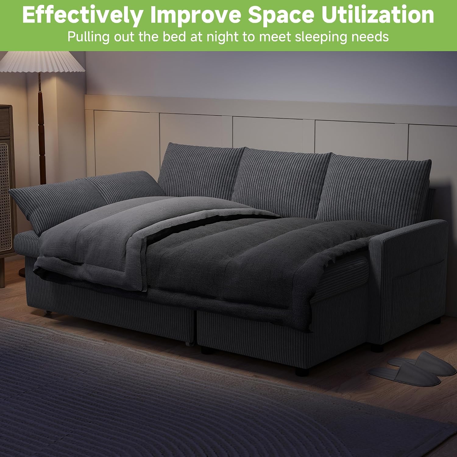 Real Relax 80'' Sofa Bed, L Shaped Corduroy Sleeper Sofa Couch with Pull Out Bed and Chaise Storage for Living Room, Apartment and Office, Dark Gray