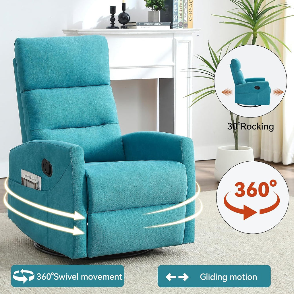 PELUMY Manual Recliner Chair, 360° Swivel Glider and Rocker Recliner with 155° Recline, Compact Fabric Recliner for Small Space, Nursery, Living Room, Bedroom, No Tools Assembly (Blue)