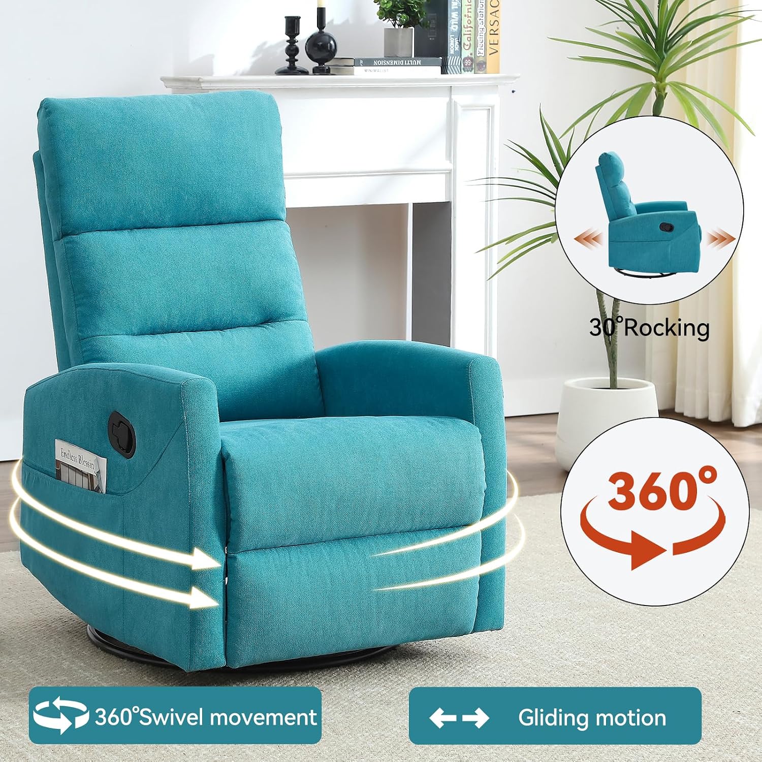 PELUMY Manual Recliner Chair, 360° Swivel Glider and Rocker Recliner with 155° Recline, Compact Fabric Recliner for Small Space, Nursery, Living Room, Bedroom, No Tools Assembly (Blue)