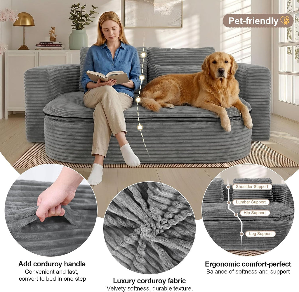 75'' Folding Sleeper Sofa Bed, Memory Foam Fold Out Couch, Boneless Foldable Full Size Guest Bed Mattress, Modern 2-in-1 Floor Deep Seat Sleeper Sofa with 4 Pillows and Blanket (Corduroy, Gray)