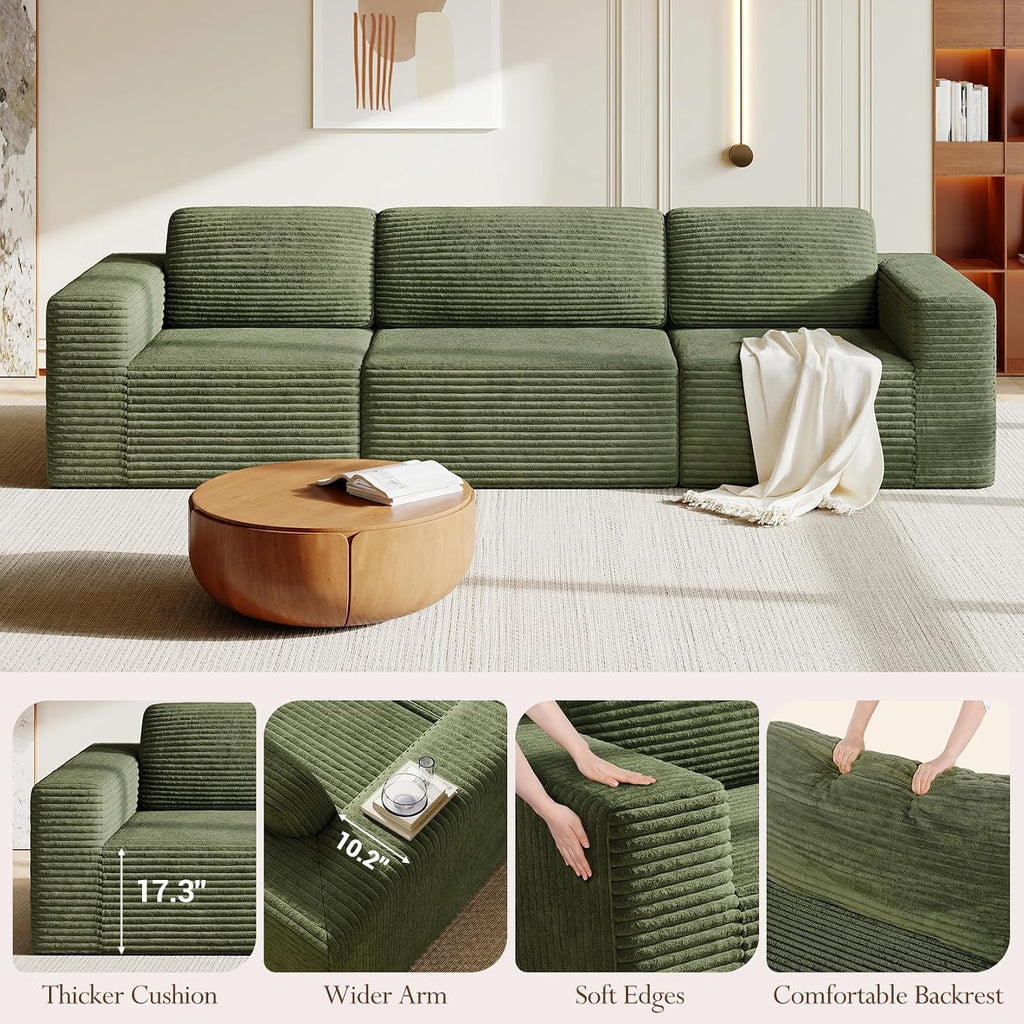 Vesgantti 119' Modular Sectional Sofa, Corduroy Cloud Couch with Deep Seating & Spring Support, 3 Seater Flexible Layout Sofa, Boneless Couch for Living Room & Apartment, No Assembly Required, Green