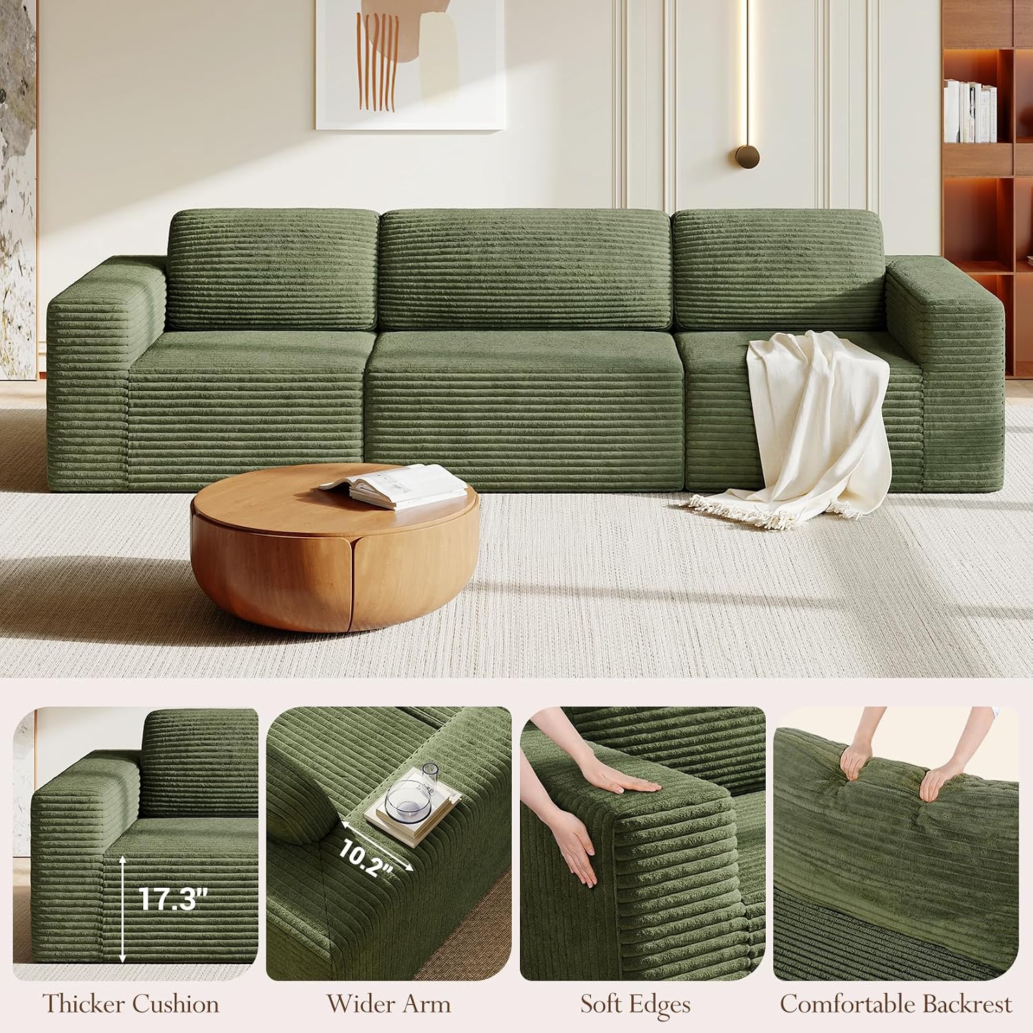 Vesgantti 119' Modular Sectional Sofa, Corduroy Cloud Couch with Deep Seating & Spring Support, 3 Seater Flexible Layout Sofa, Boneless Couch for Living Room & Apartment, No Assembly Required, Green