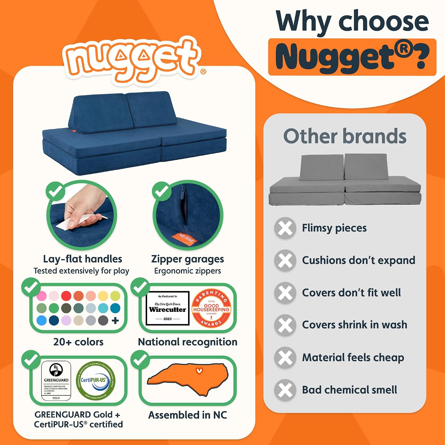 Nugget - The Original Play Couch for Kids - Modular Foam Children's Sofa for Playroom, Imagination, & Creative Open Ended Play - Washable & Convertible Playroom Furniture, Blueridge