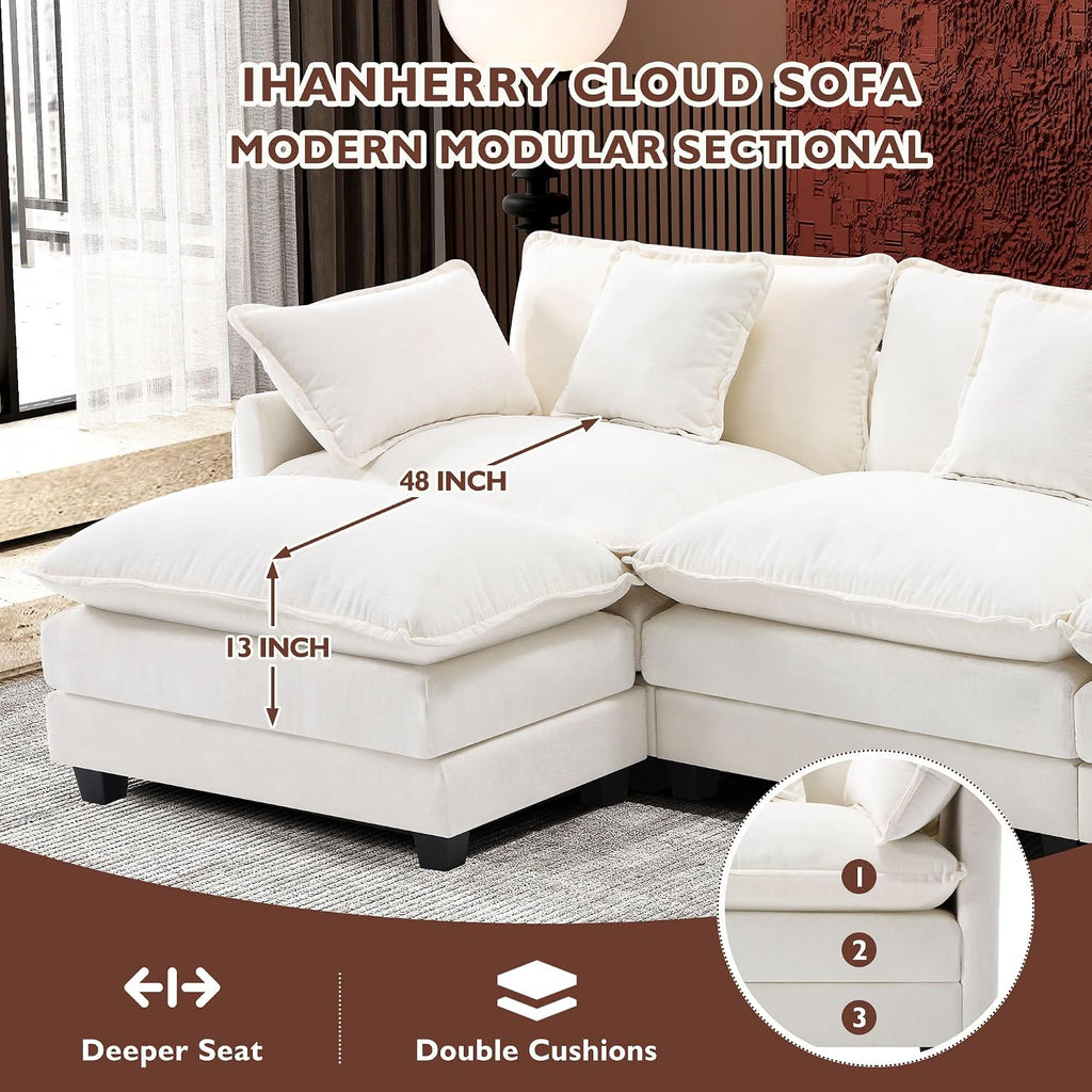 Ihanherry 111.4' L Shaped Modern Sofa Modular Sectional Cloud Couch with Ottoman, 4-Seat Chenille Deep Seat Sofa with Pillow for Living Room, Bedroom and Apartment, Beige