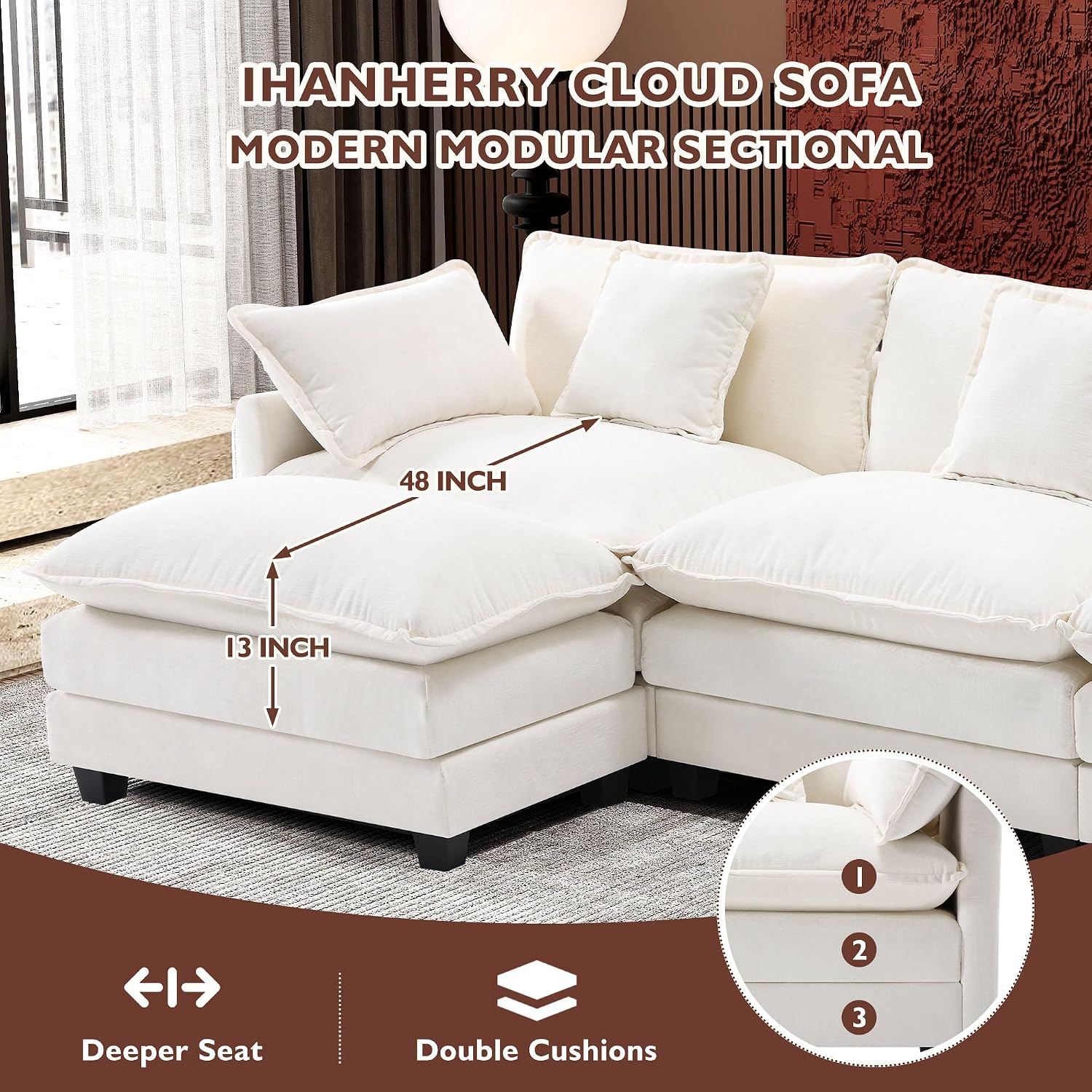 Ihanherry 111.4' L Shaped Modern Sofa Modular Sectional Cloud Couch with Ottoman, 4-Seat Chenille Deep Seat Sofa with Pillow for Living Room, Bedroom and Apartment, Beige