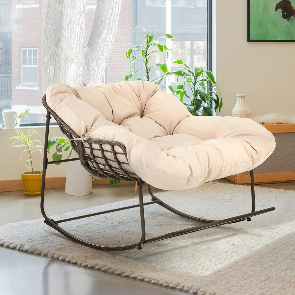 YITAHOME Rocking Papasan Chair, Outdoor Oversized Saucer Chair with Foldable Frame & Comfy Cushion, Wicker Basket Moon Chair for Patio, Porch, Bedroom (Brown+Beige)