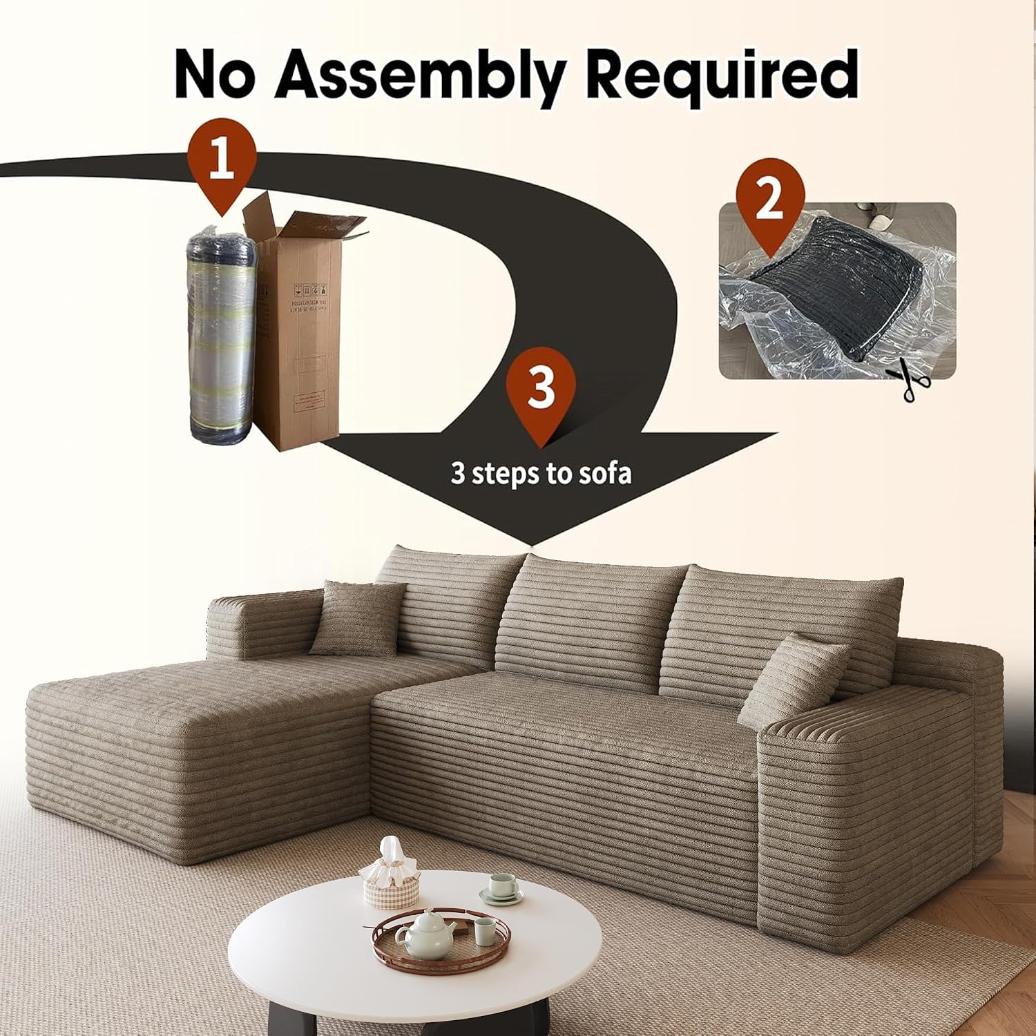 AUGOP 96' Sectional Couches for Living Room Modern Modular Sofa with L-Shape Couchs Upholstered Boneless Couch Deep Seat Sectional Couch with Chaise (Camel, 96' Left Facing Chaise+2Seaters)