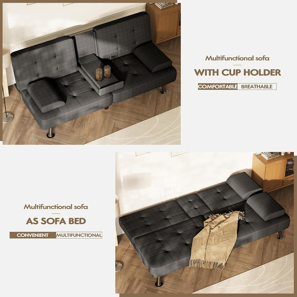 Homall Futon Sofa Bed, Futon Couch with Removable Armrests, Adjustable Recliner Sleeper Sofa Bed with Dual Cup Holders for Living Room, Apartment, Office (Fabric, Black)