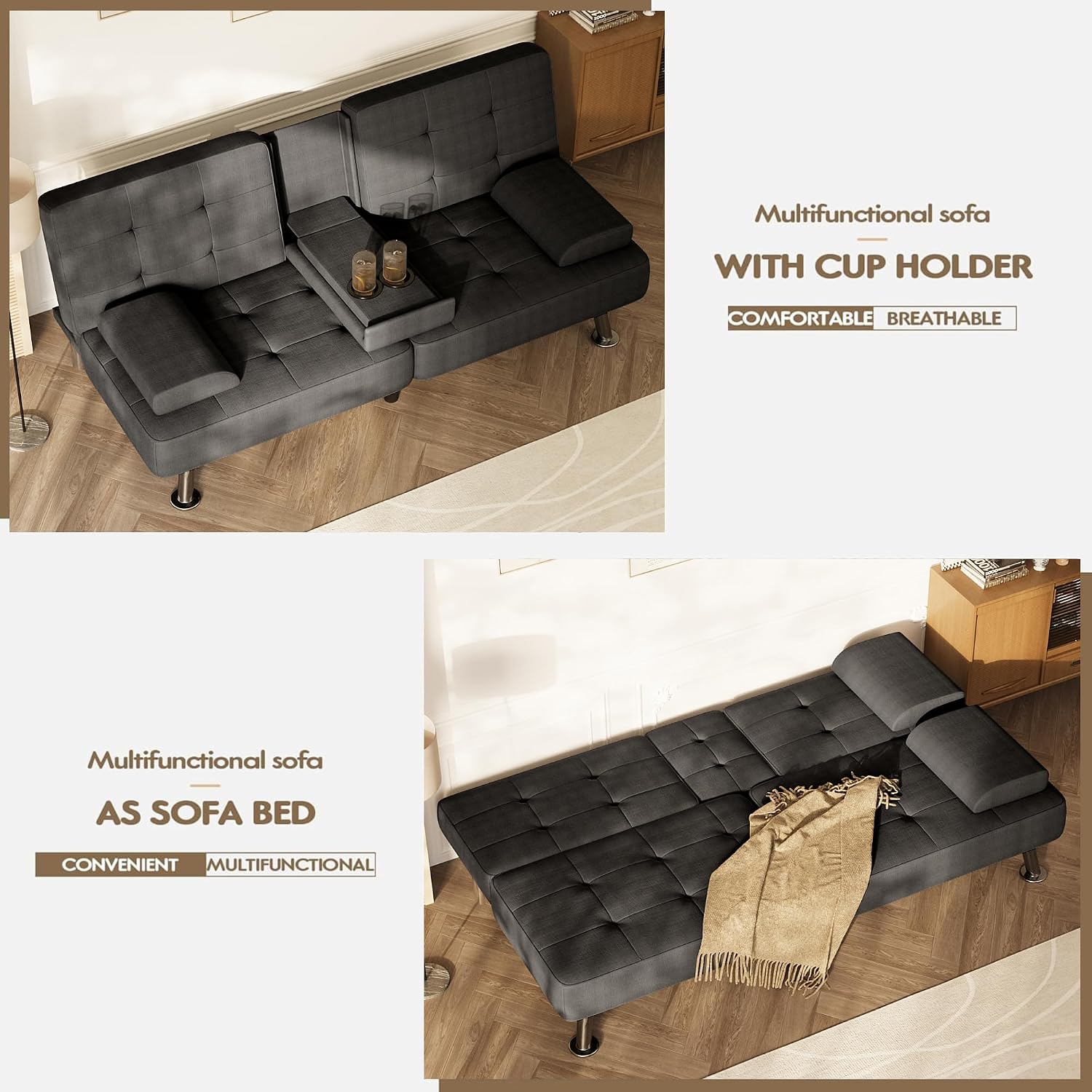 Homall Futon Sofa Bed, Futon Couch with Removable Armrests, Adjustable Recliner Sleeper Sofa Bed with Dual Cup Holders for Living Room, Apartment, Office (Fabric, Black)