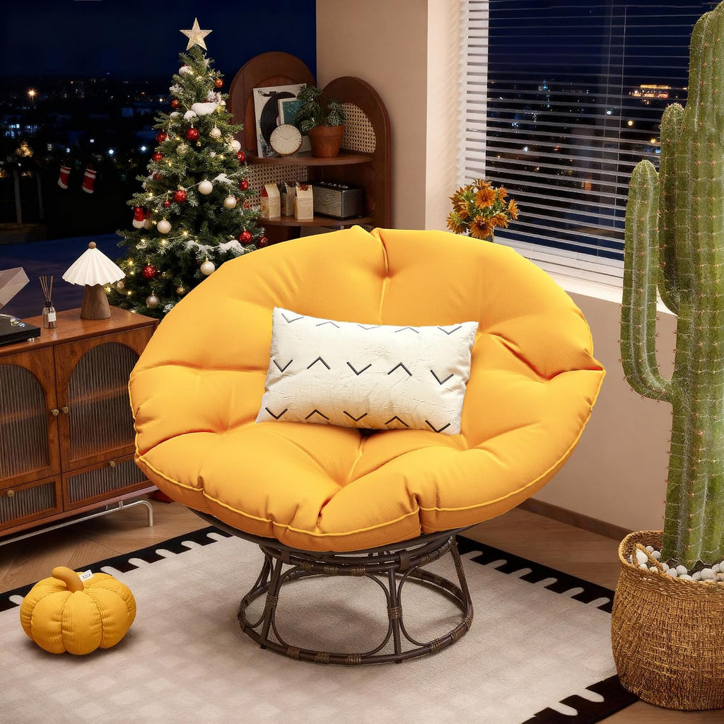 46'' Large Size Papasan Chair (Non-Swivel) with Cushion and Frame, Overstuffed Thickened Lazy Chair, Mustard Yellow