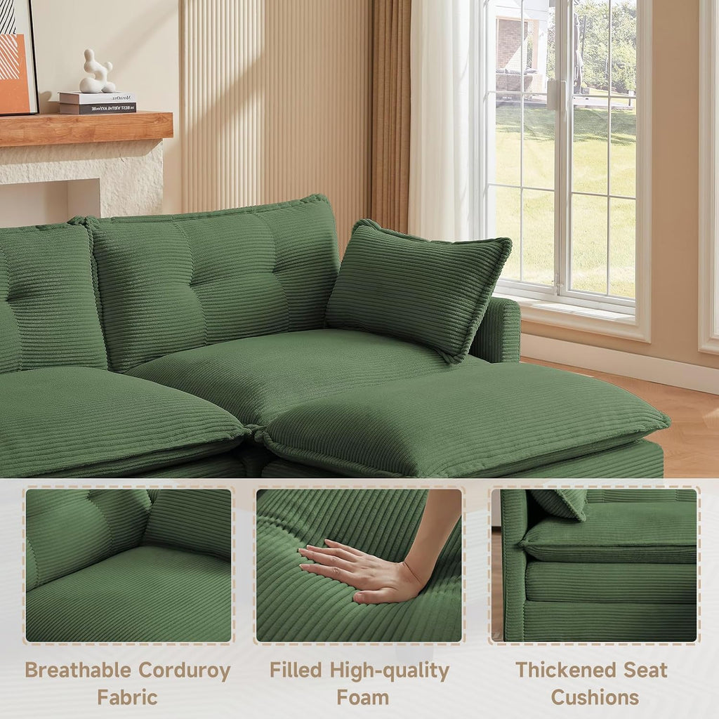 Amsleekey Modular Sectional Sofa, 111.5' U-Shaped Corduroy Comfy Sectional Couches for Living Room, 3-Seater Cloud Couches with 2 Movable Ottomans, Flexible Combination Modern Deep Seat Sofa (Green)