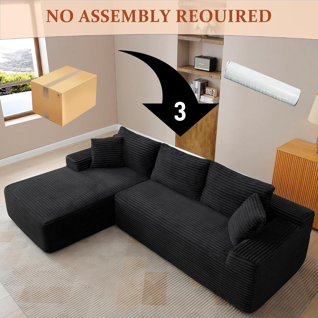 95' Boneless Couches for Living Room, L Shaped Comfy Cloud Modular Sectional Memory Foam Deep Seat Boneless Couch, No Assembly Required Boneless Sofa for Living Room with Left Facing Chaise, Black