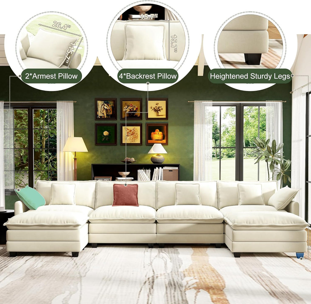 146' Cloud Couch Sectional, U Shaped Modular Sectional Sofa, 4-Seat Deep Seat Couch with 6 Removable Washable Pillows and 2 Ottoman for Living Room, Bedroom, Apartment, Beige