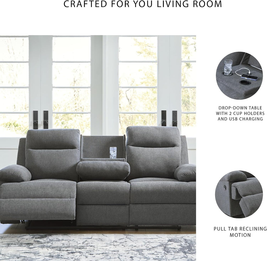 Signature Design by Ashley Yarrow Lane Classic Chenille Manual Pull Tab Reclining Sofa with Drop Down Table and USB Charging, Gray