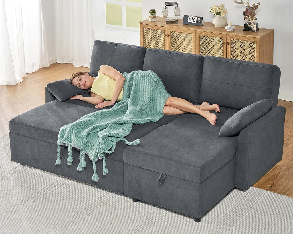 AMERLIFE Sleeper Sofa, 2-in-1 Sofa Bed with Storage Chaise, Pull Out Sofa Couch for Living Room, Guest Room, Linen Grey