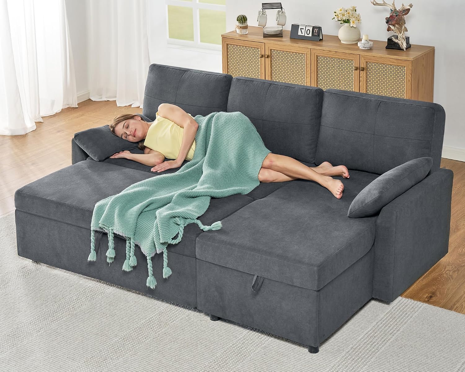 AMERLIFE Sleeper Sofa, 2-in-1 Sofa Bed with Storage Chaise, Pull Out Sofa Couch for Living Room, Guest Room, Linen Grey