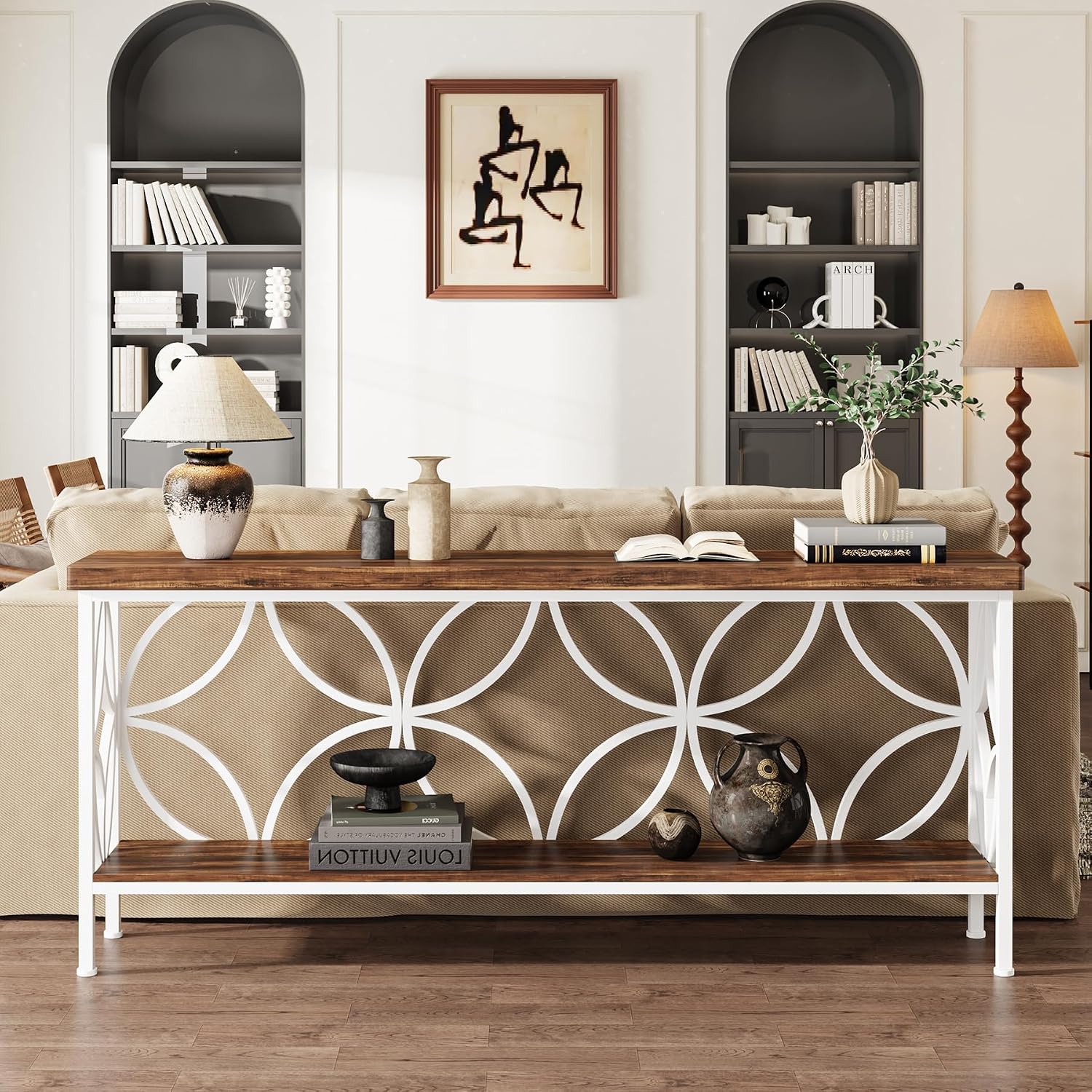 Tribesigns 70.9-Inch Narrow Sofa Table, Industrial Long Sofa Table Behind Couch, Entry Console Table with Storage for Entryway, Living Room, Foyer, Unique Design, Walnut/White