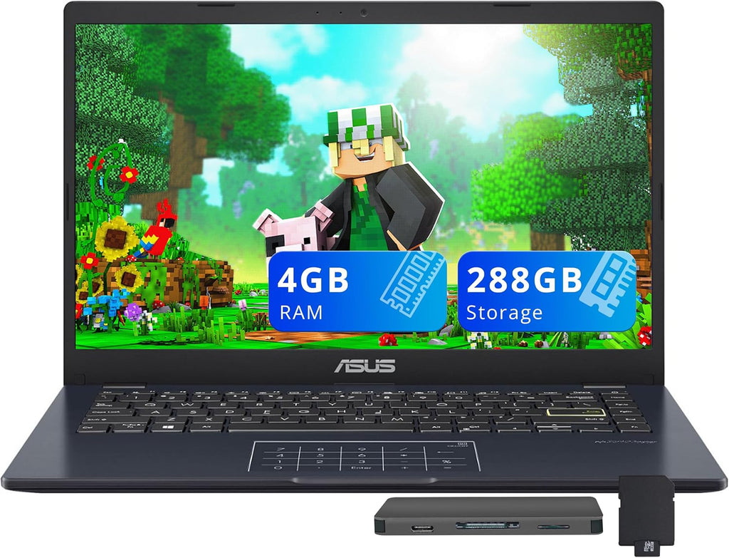 ASUS Vivobook Go 14' FHD Business Laptop, Intel Celeron N4500, 4GB RAM, 288GB Storage (128GB eMMC + 160GB Docking Station Set), Intel UHD Graphics, Number Pad, HD Webcam, Wi-Fi, Windows 11, Star Black