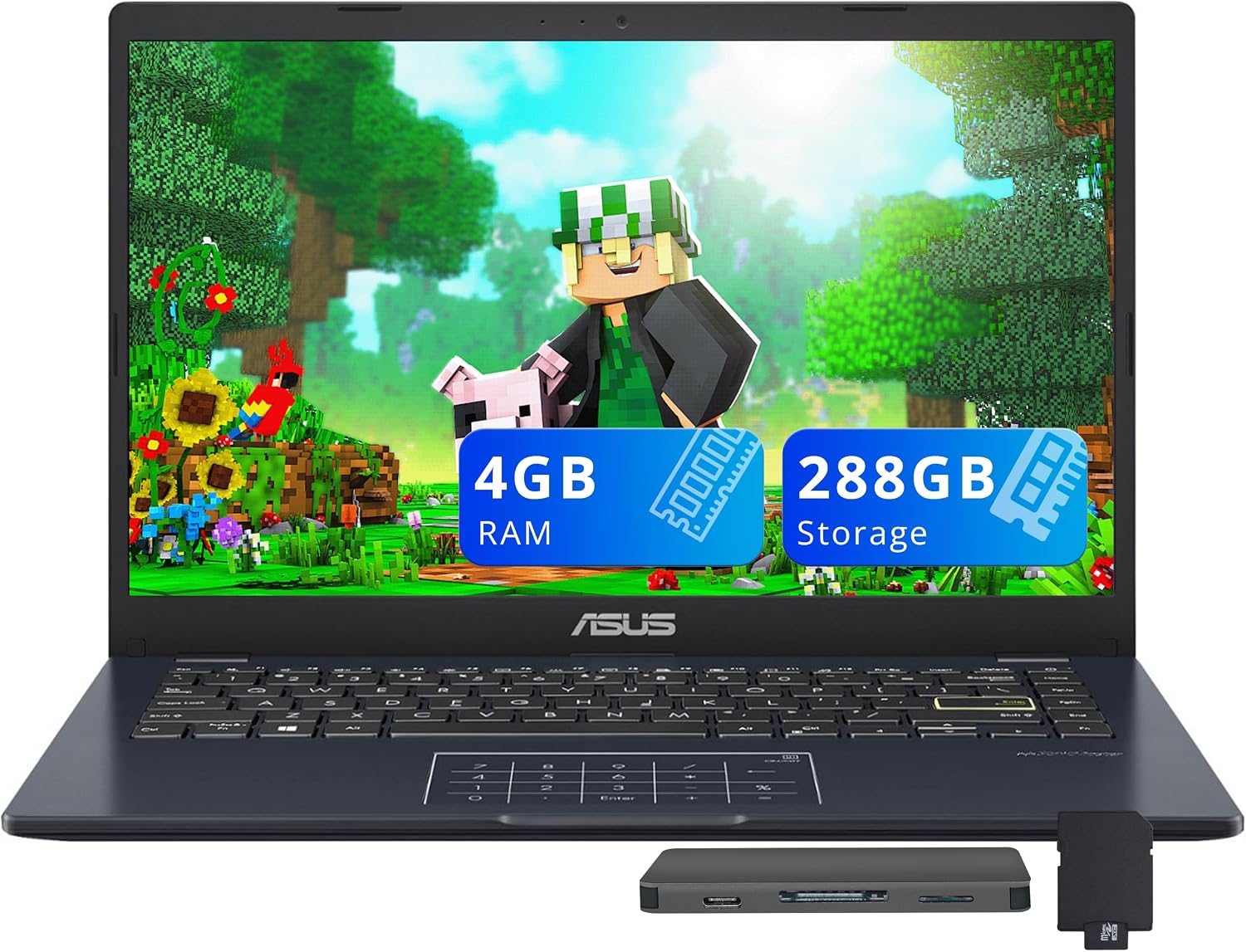 ASUS Vivobook Go 14' FHD Business Laptop, Intel Celeron N4500, 4GB RAM, 288GB Storage (128GB eMMC + 160GB Docking Station Set), Intel UHD Graphics, Number Pad, HD Webcam, Wi-Fi, Windows 11, Star Black