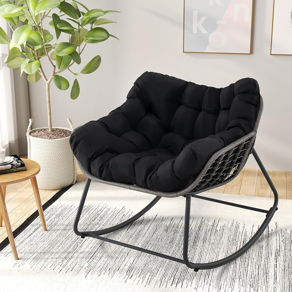 Giantex Set of 2 Outdoor Rocking Chair with Padded Cushion, Oversized Papasan Chair, PE Rattan, Egg Rocker for Reading, Front Porch, Garden, Patio, Backyard (Black)