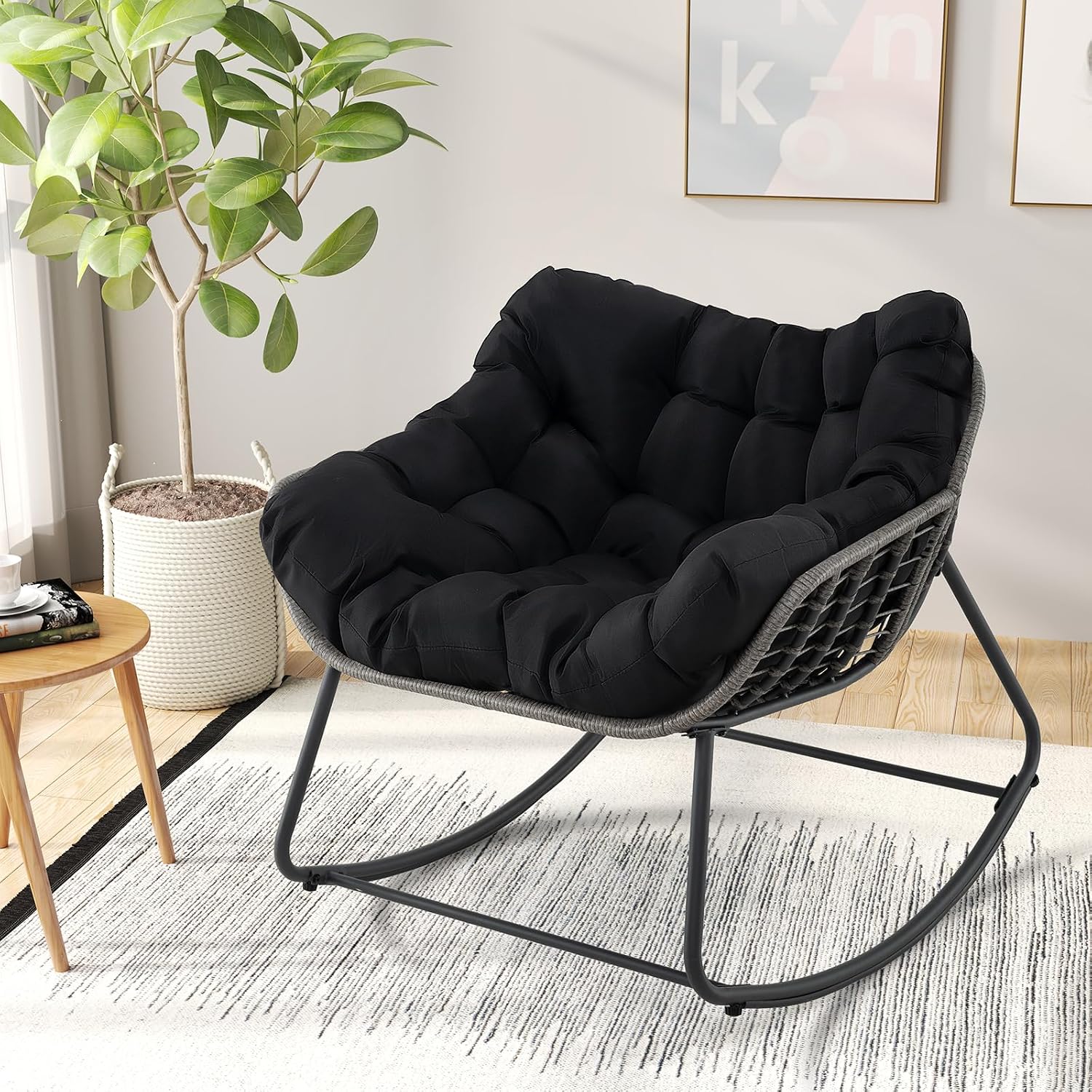 Giantex Set of 2 Outdoor Rocking Chair with Padded Cushion, Oversized Papasan Chair, PE Rattan, Egg Rocker for Reading, Front Porch, Garden, Patio, Backyard (Black)