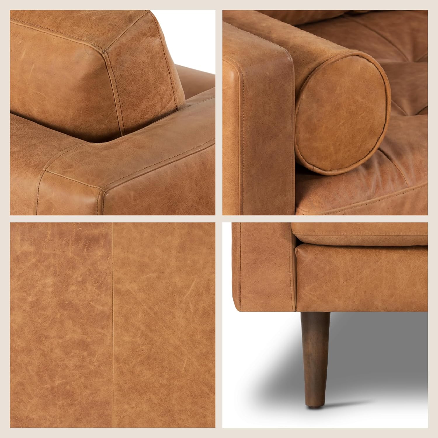 POLY & BARK Napa 72' Leather Sofa – Full-Grain Italian-Tanned Aniline Leather, Feather-Down Comfort, Solid Wood Frame, Walnut Legs, Cognac Tan