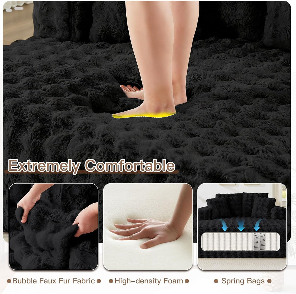 JEEOHEY 56' W Oversized Chaise Lounge Chair Indoor,Plush Faux Fur Sleeper Couch Sofa Bed with Pillows,Fluffy Comfy Cloud Sofa,Compression Foam Boneless Couch for Living Room,Bedroom(Bubble, Black)
