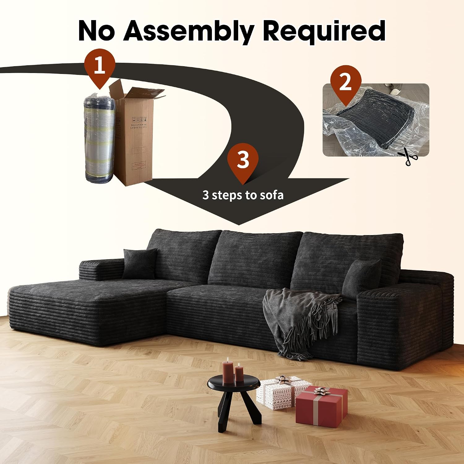 107 INCH Cloud Couch Oversized Modular Sectional Sofa, Fluffy Corduroy Upholstered Boneless Couches for Living Room, Wide & Deep Seat Corner Lounge Couches with Left Chaise,No Assembly Required