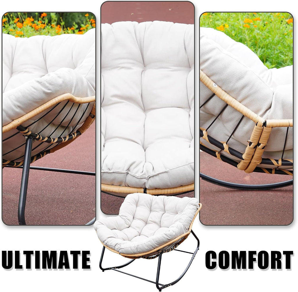 Patio Rocking Egg Chair - Outdoor Rocking Chair with Thick Cushion, Modern Indoor Outdoor Papasan Rocking Chair, Lounge Rocker for Balcony, Living Room, Bedroom, Porch, Patio, Lawn, Garden (Beige)