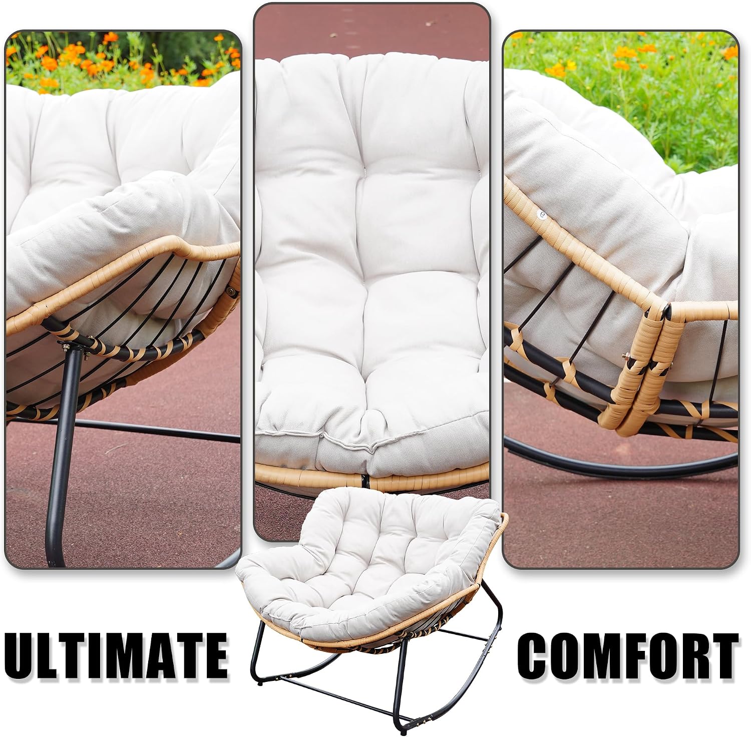 Outdoor Rocking Chair, Patio Egg Rocking Chair, Indoor Papasan Chair, Rattan Wicker Lounge Chair, Modern Royal Chair for Bedroom, Living Room, Porch, Garden,Lawn