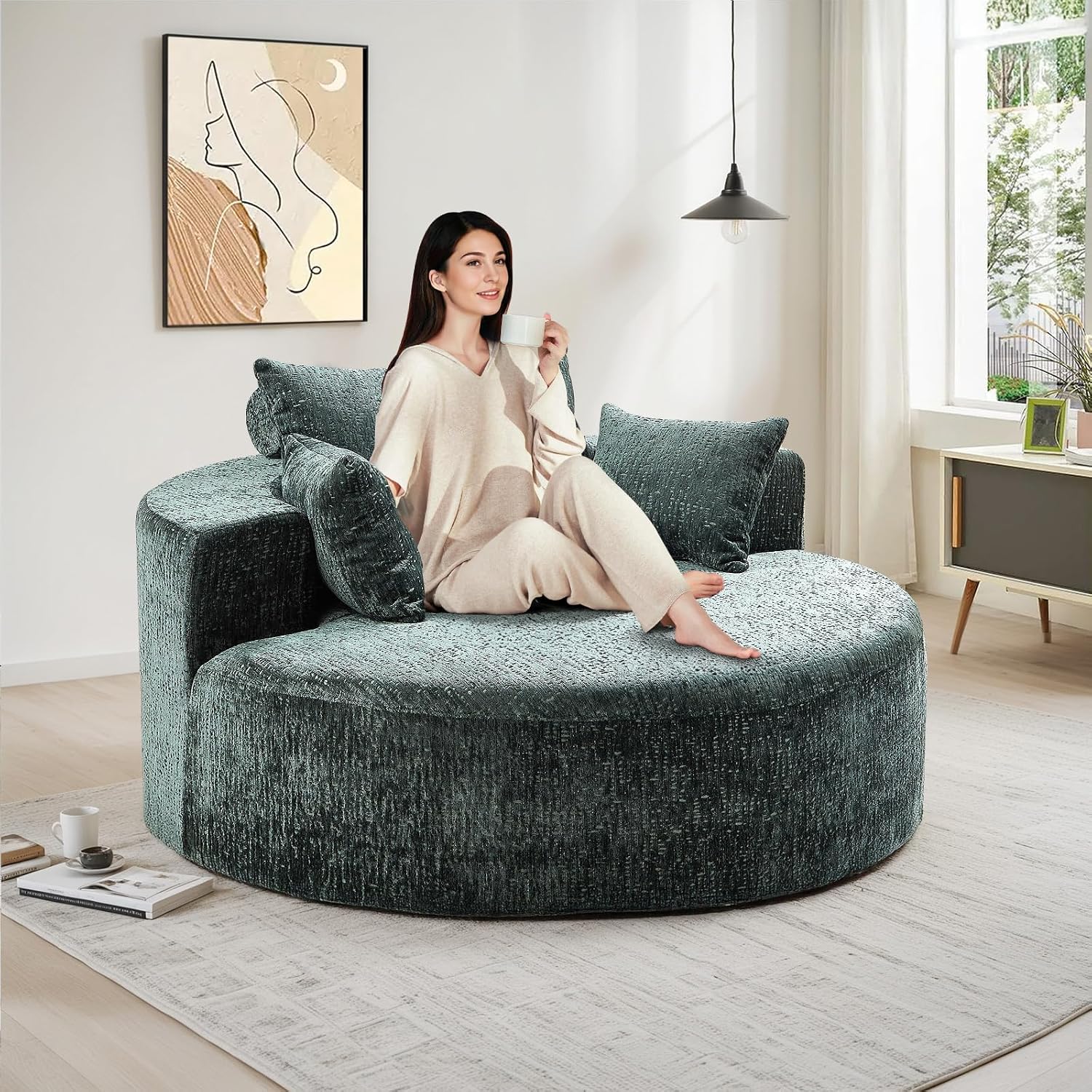 Oversized Round Chaise Longue Chair Indoor, Modern 55-inch Upholstered Chenille Deep Seat Circle Single Cloud Lounge Floor Sofa Chair for Living Room, Bedroom Apartment, Green
