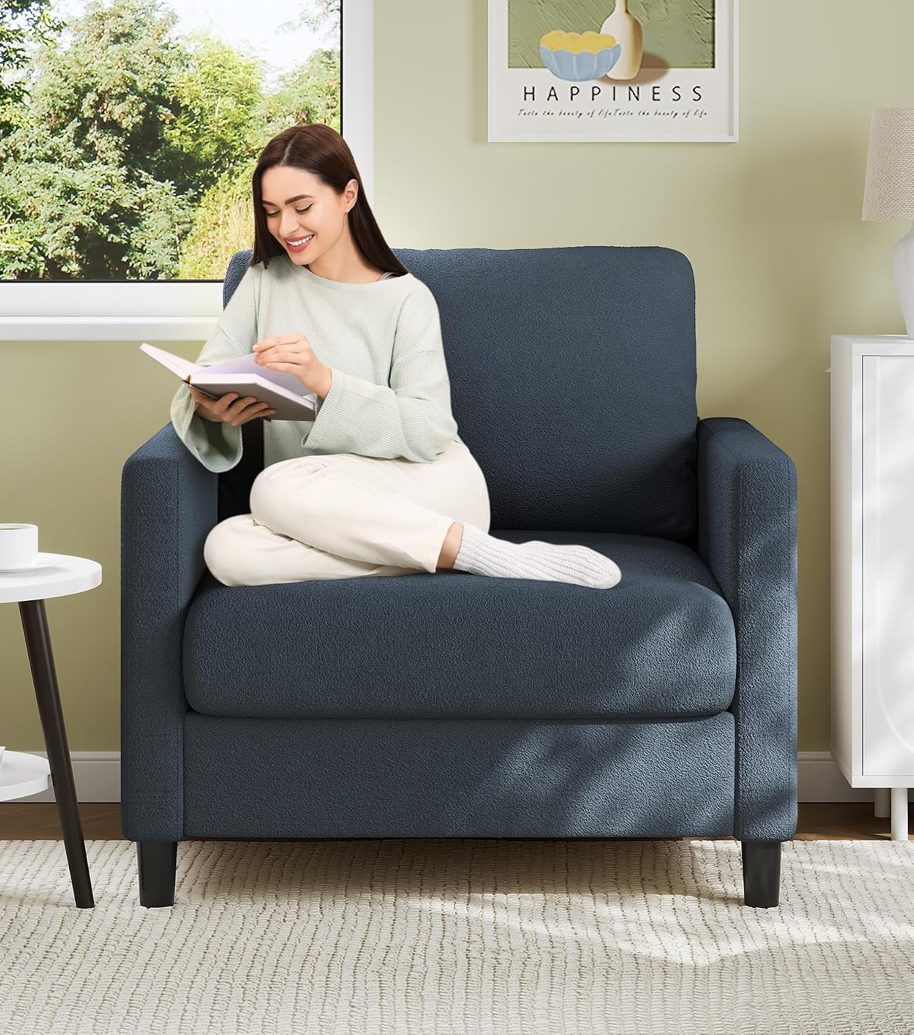 Welzona Sofa Accent Chair, 33' Reading Chair for Bedroom, Tool-Free Setup Living Room Accent Chairs, Comfy Arm Chairs Living Room, All-Wood Reading Nook, Blue Grey
