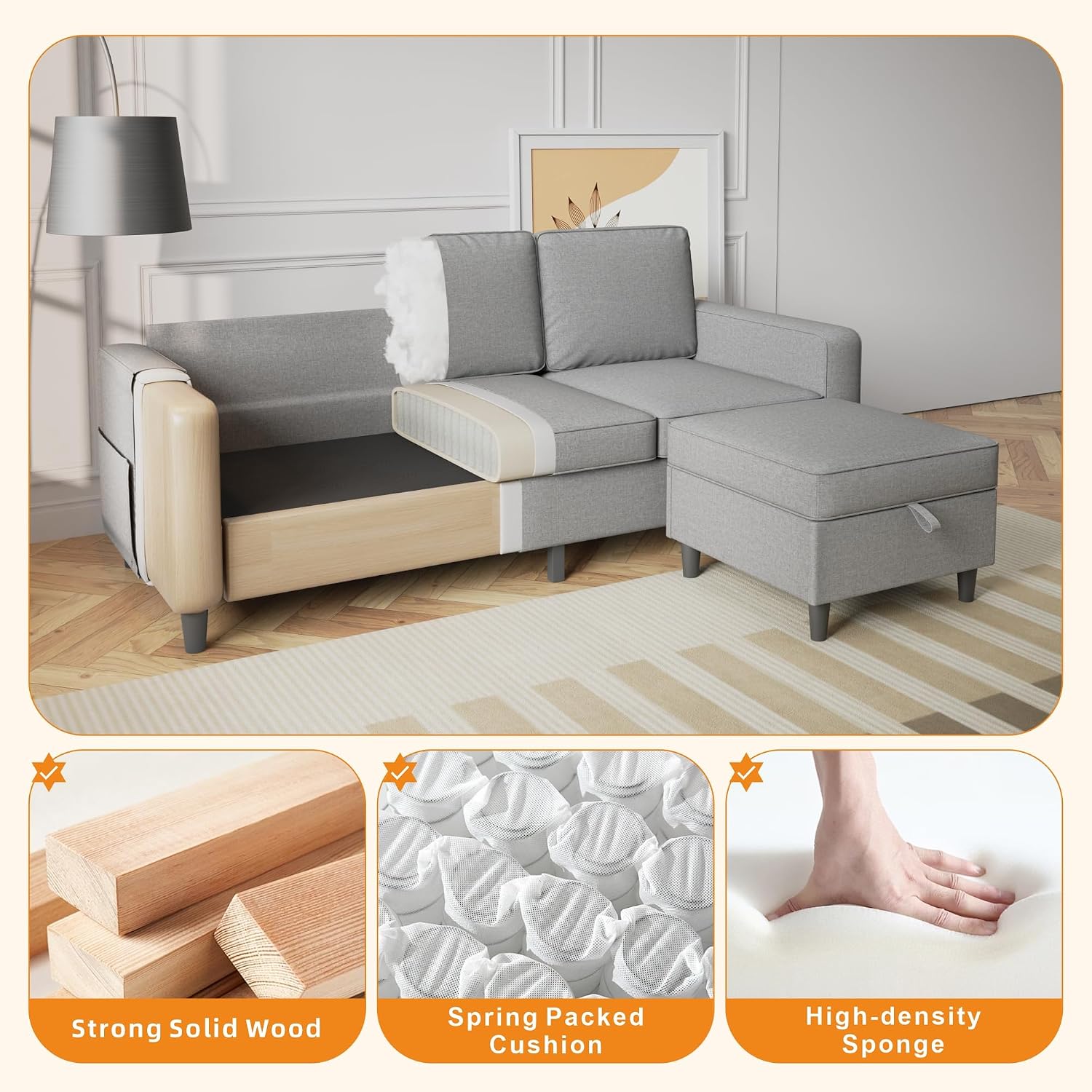 78' Sectional Sofa Couches for Living Room, Convertible L Shaped Couch with Storage Ottoman, Deep Seat Pet-Friendly Linen Fabric Sofa Set for Small Space, Apartment, Dorm