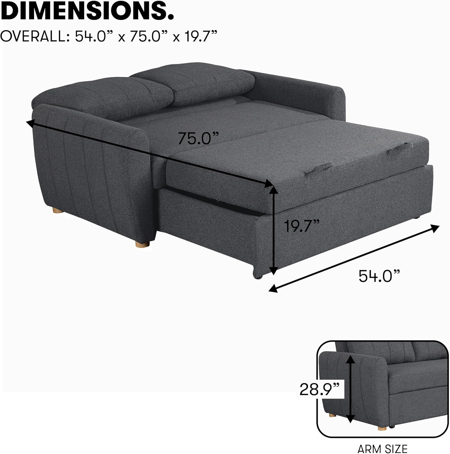Serta Galway 66.5' Convertible Sleeper Loveseat, Full Size, Dreamcoil Comfort, FingerGuard Pinch Point Protection, Boucle Fabric, Charcoal