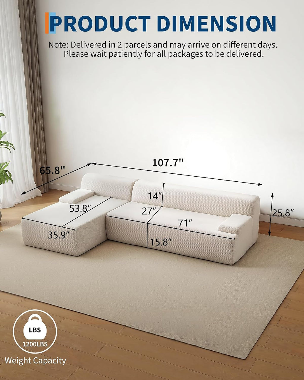 Garvee 107'' Modular Sectional Sofa, Left Facing Chaise L-Shaped Boneless Couch, Ultra Deep Seat Modern Sectional Sofa for Living Room, 5mm Wale Corduroy Fabric, Beige