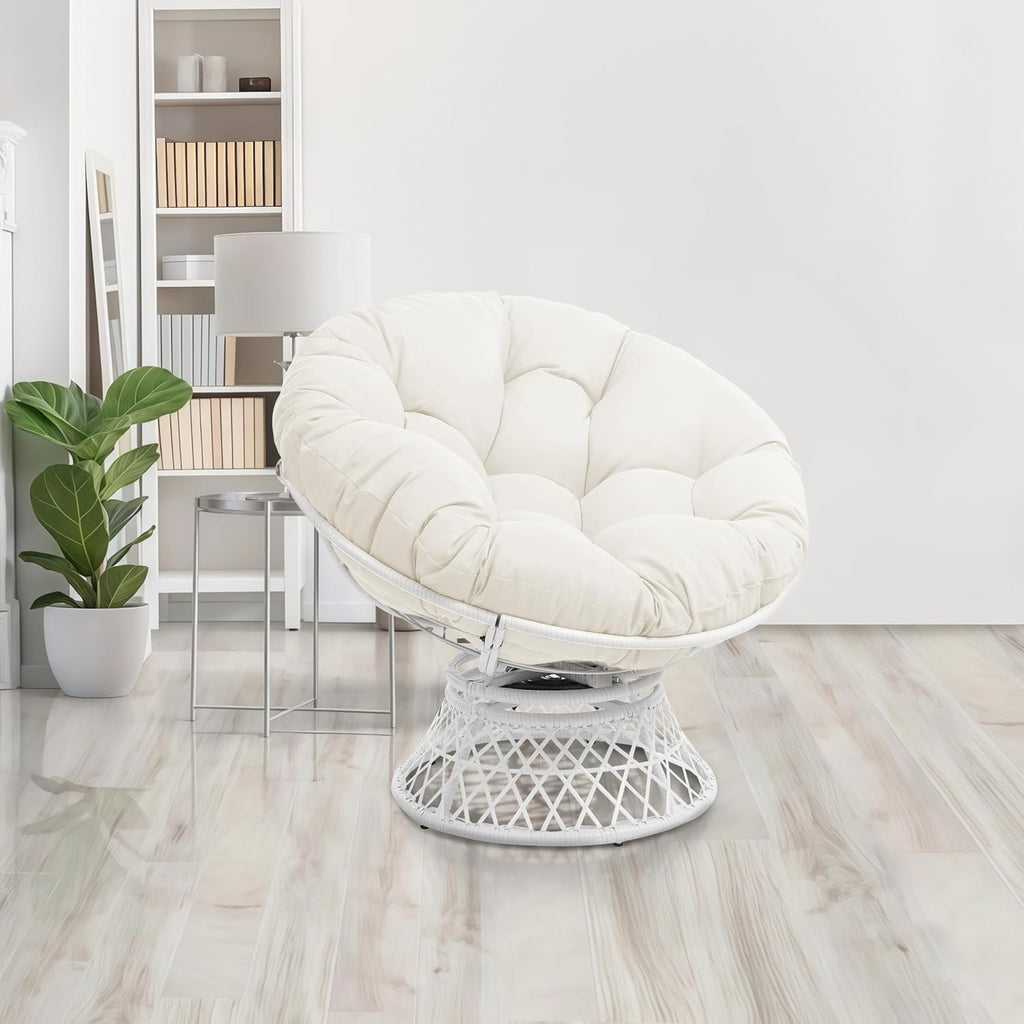 GLORY PATIO 360° Swivel Papasan Chair - 350lbs Capacity Indoor/Outdoor Wicker Lounge Chair with Thick Cushion, Modern Accent Chair for Living Room, Bedroom, Patio (White Frame & Beige Cushion)