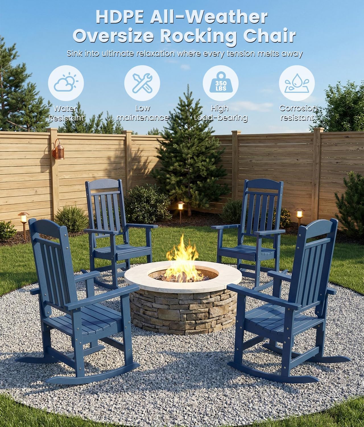 FOOWIN Outdoor Rocking Chair Set of 2, High Back Patio Rocking Chair, HDPE All Weather Resistant Porch Rocker for Adult, Oversized Rocking Chairs for Garden, Lawn, Indoor & Outdoor Use, Navy Blue