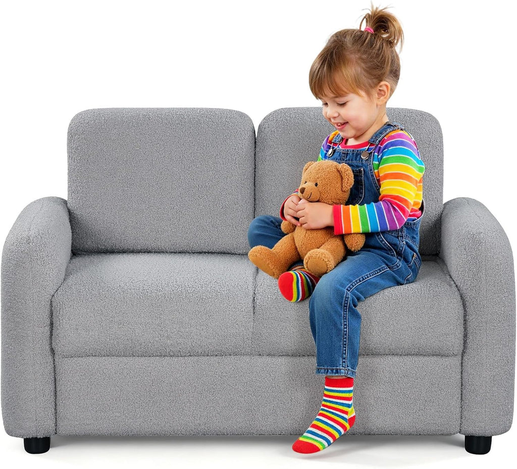 Costzon Kids Couch, 2 Seat Toddler Armrest Chair w/Teddy Fleece Upholstery & Solid Wooden Frame, Double Seat Children's Sofa for Preschool, Bedroom, Playroom, Daycare, Ideal Gift for Girls Boys