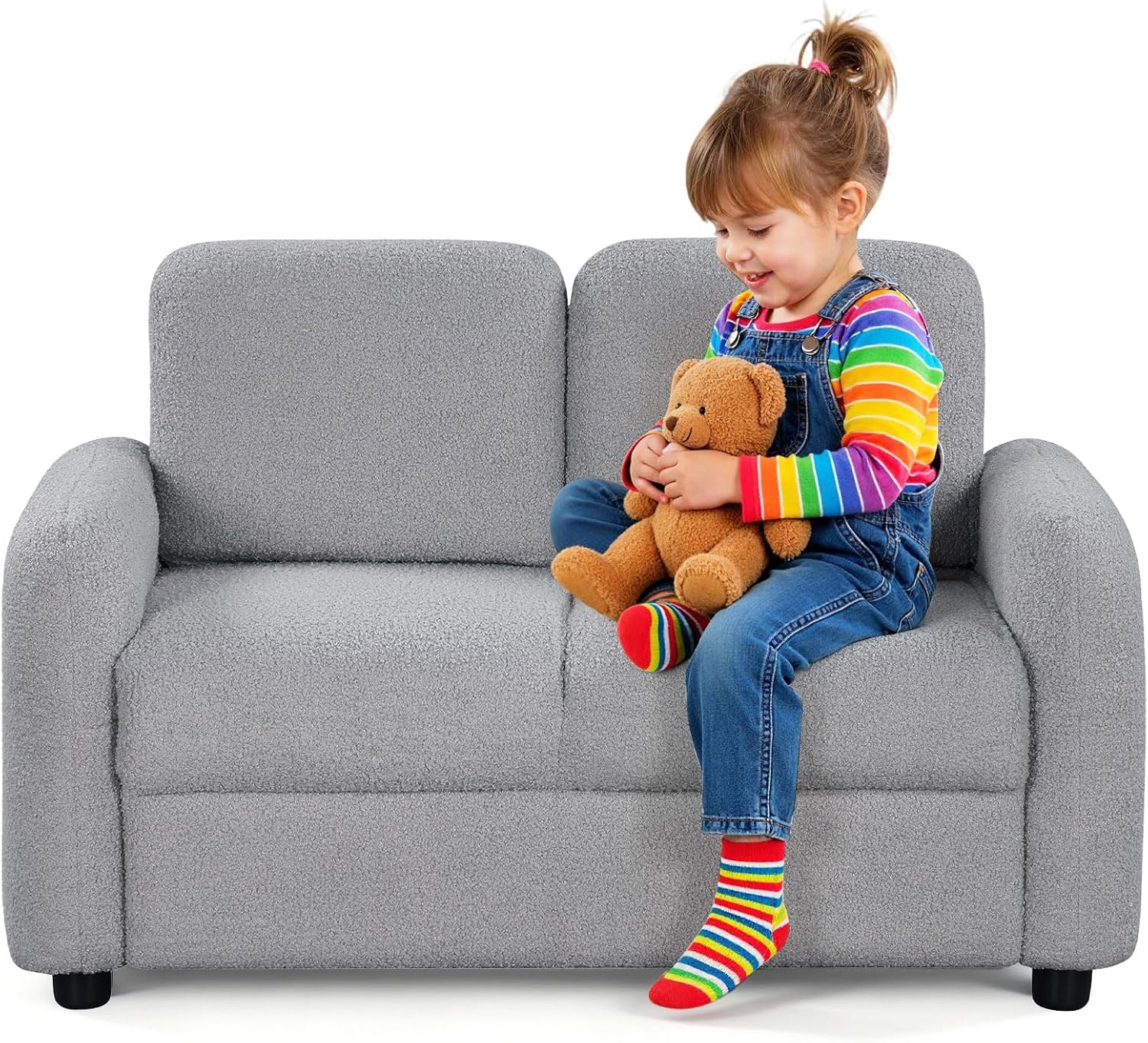 Costzon Kids Couch, 2 Seat Toddler Armrest Chair w/Teddy Fleece Upholstery & Solid Wooden Frame, Double Seat Children's Sofa for Preschool, Bedroom, Playroom, Daycare, Ideal Gift for Girls Boys