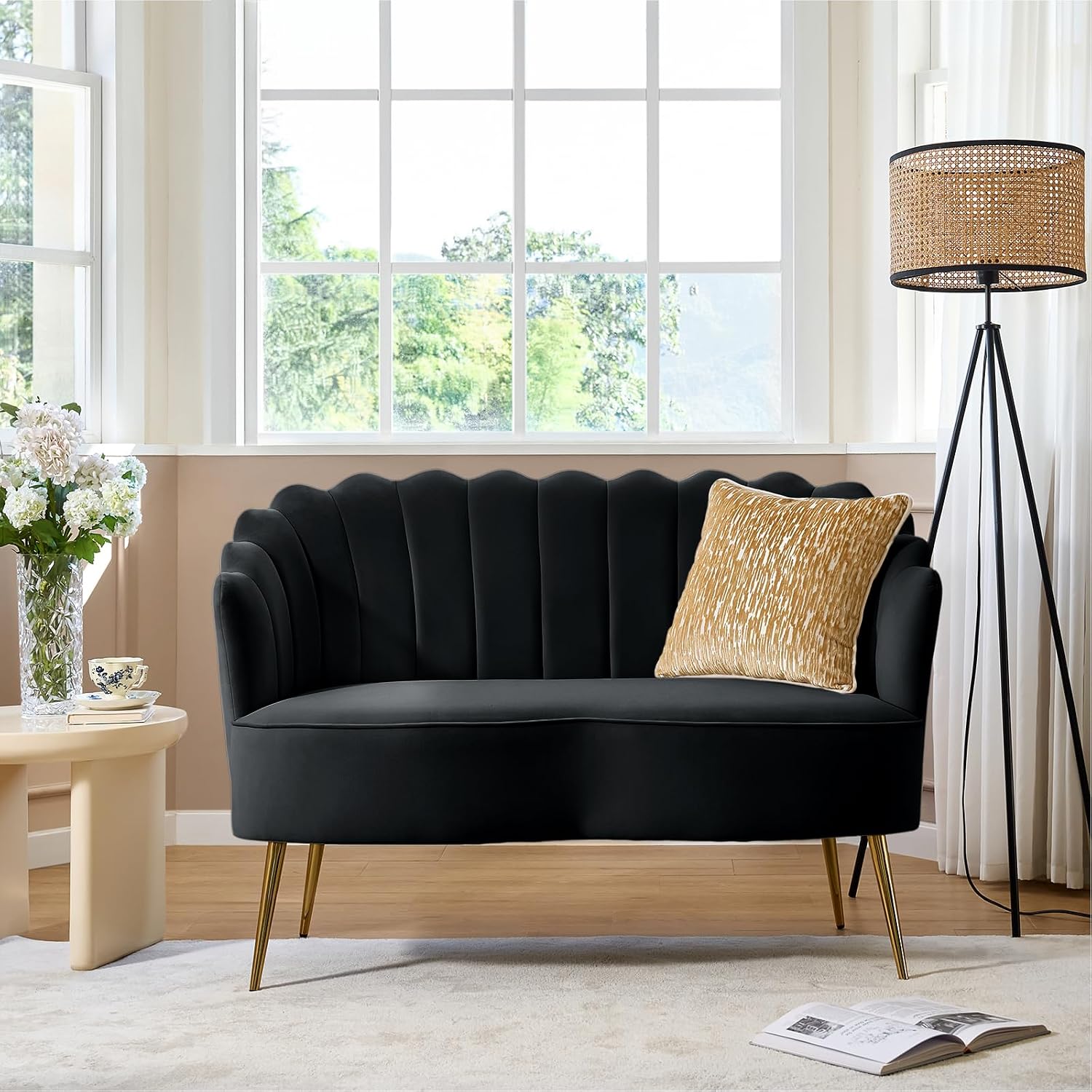HULALA HOME Modern Velvet Loveseat Sofa with Flower Shaped Back, Comfy Upholstered 2-Seater Sofa with Gold Metal Legs, Small Love Seat Accent Couch for Living Bedroom Leisure Areas, Black