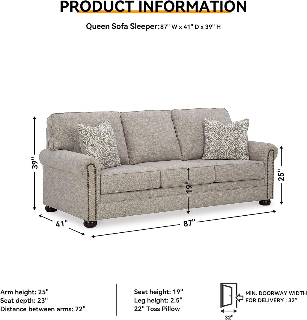 Signature Design by Ashley Gaelon Transitional 2-in-1 Sofa Sleeper with Folding Gel Memory Foam Mattress, Nailheads and 2 Accent Pillows, Queen, Beige