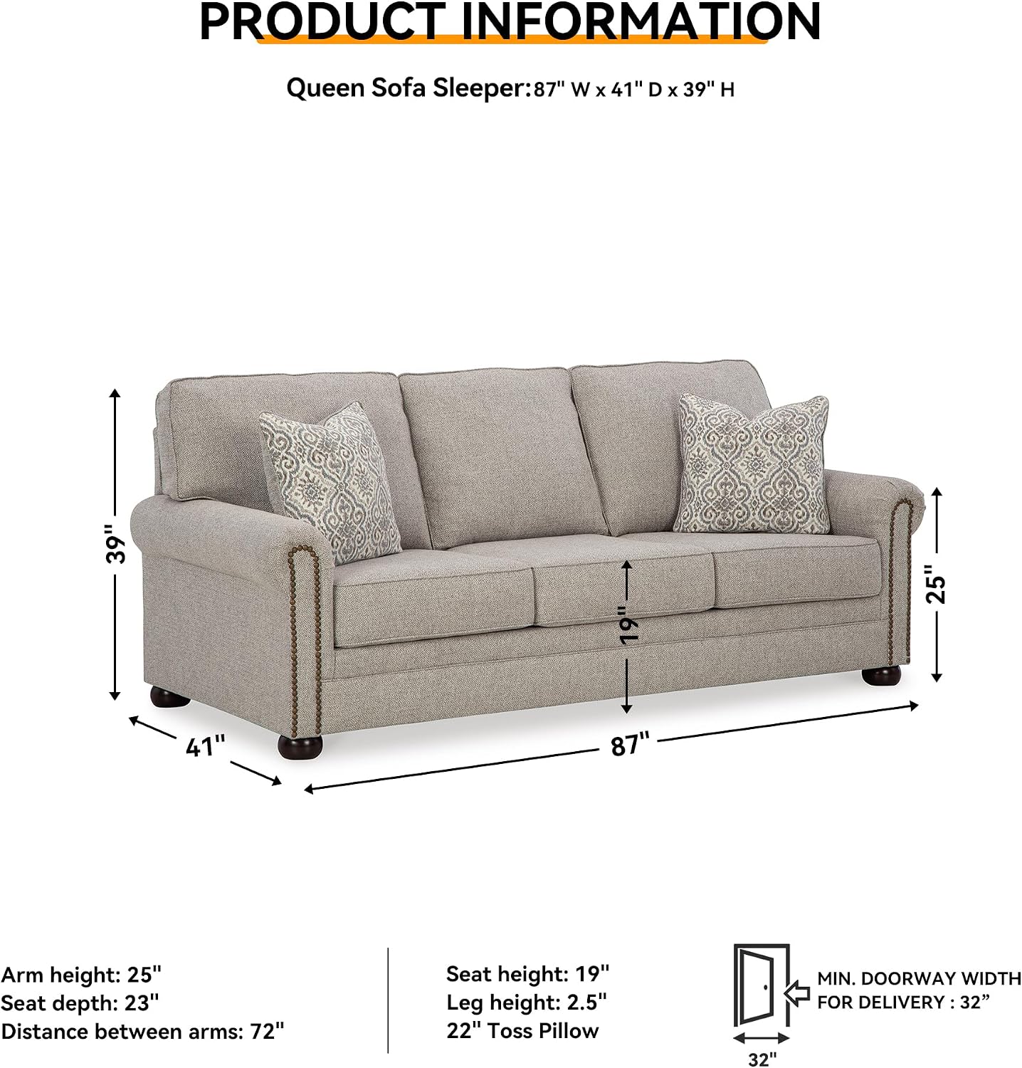Signature Design by Ashley Gaelon Transitional 2-in-1 Sofa Sleeper with Folding Gel Memory Foam Mattress, Nailheads and 2 Accent Pillows, Queen, Beige