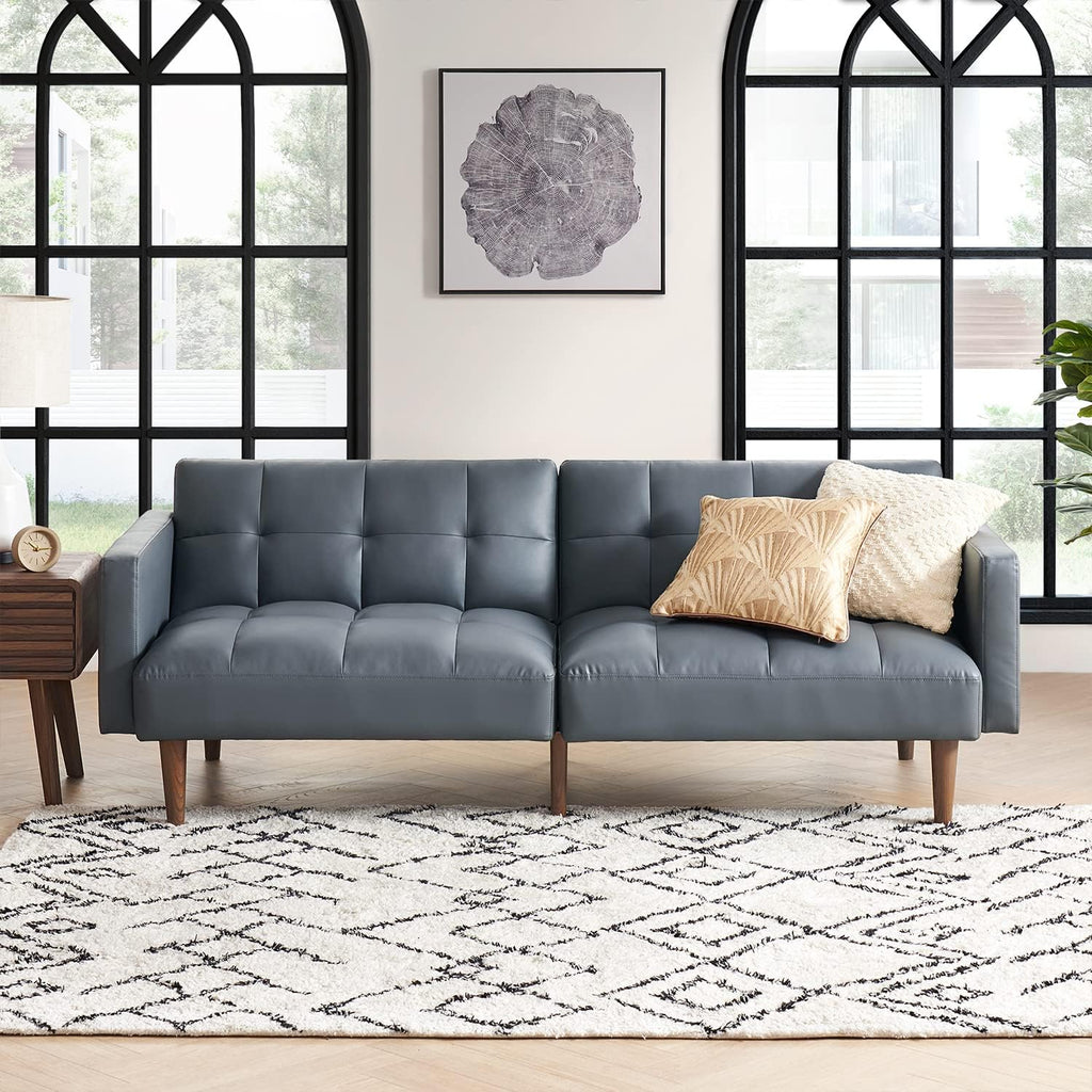 mopio Aaron 76.8' Couch, Small Futon Sofa Bed, Sleeper, Loveseat, Mid Century Modern Futon Couch, Sofa Cama, Couches for Living Room, Bedroom (Cloud Gray, Faux Leather)
