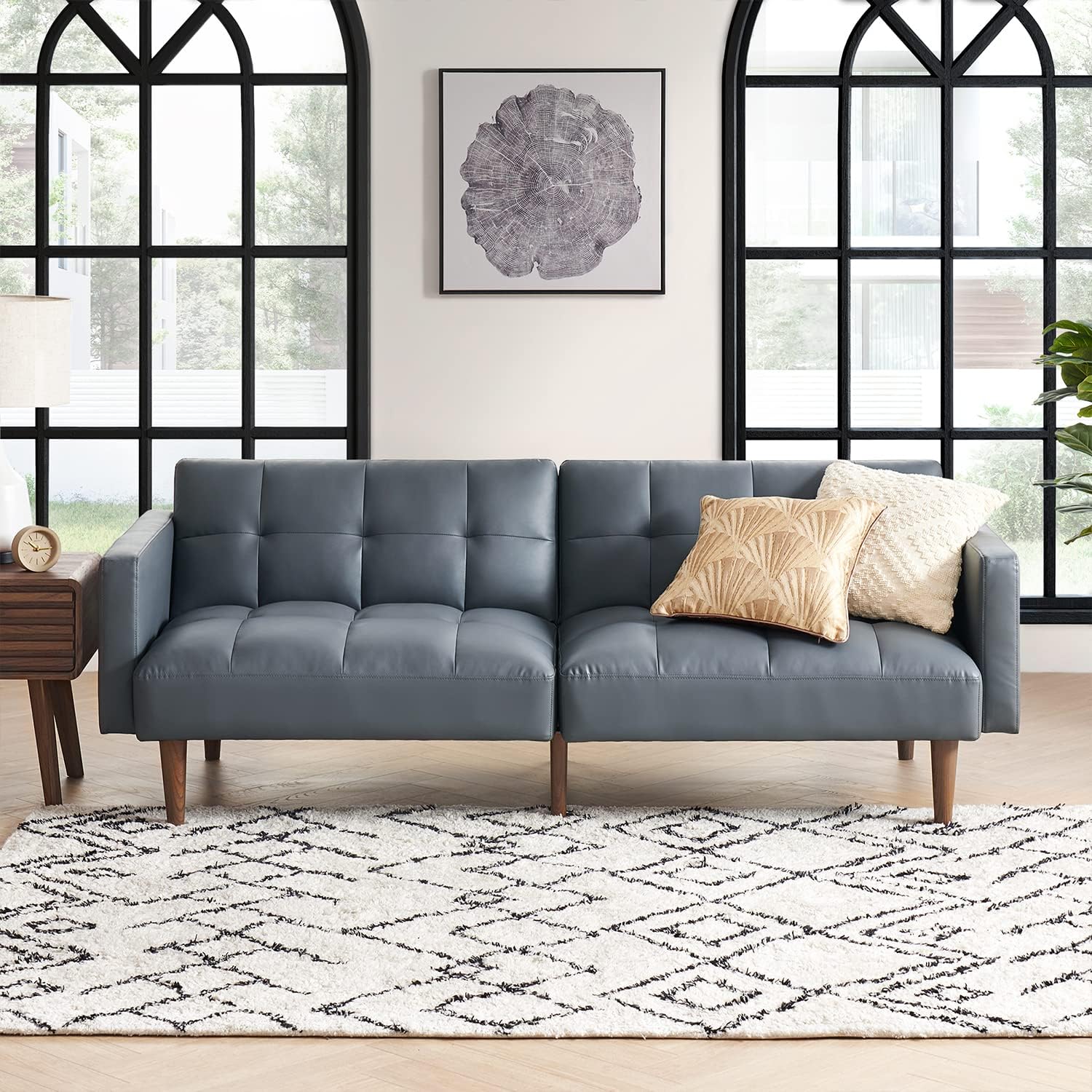 mopio Aaron 76.8' Couch, Small Futon Sofa Bed, Sleeper, Loveseat, Mid Century Modern Futon Couch, Sofa Cama, Couches for Living Room, Bedroom (Cloud Gray, Faux Leather)
